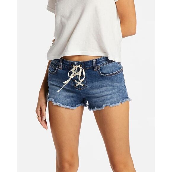 Billabong Tie Front Lite Hearted Denim Raw Hem Shorts Size 28 - Picture 8 of 10